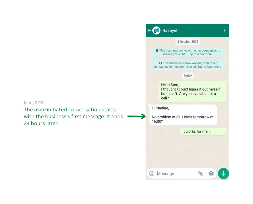 An example of a user initiated conversation on the WhatsApp app
