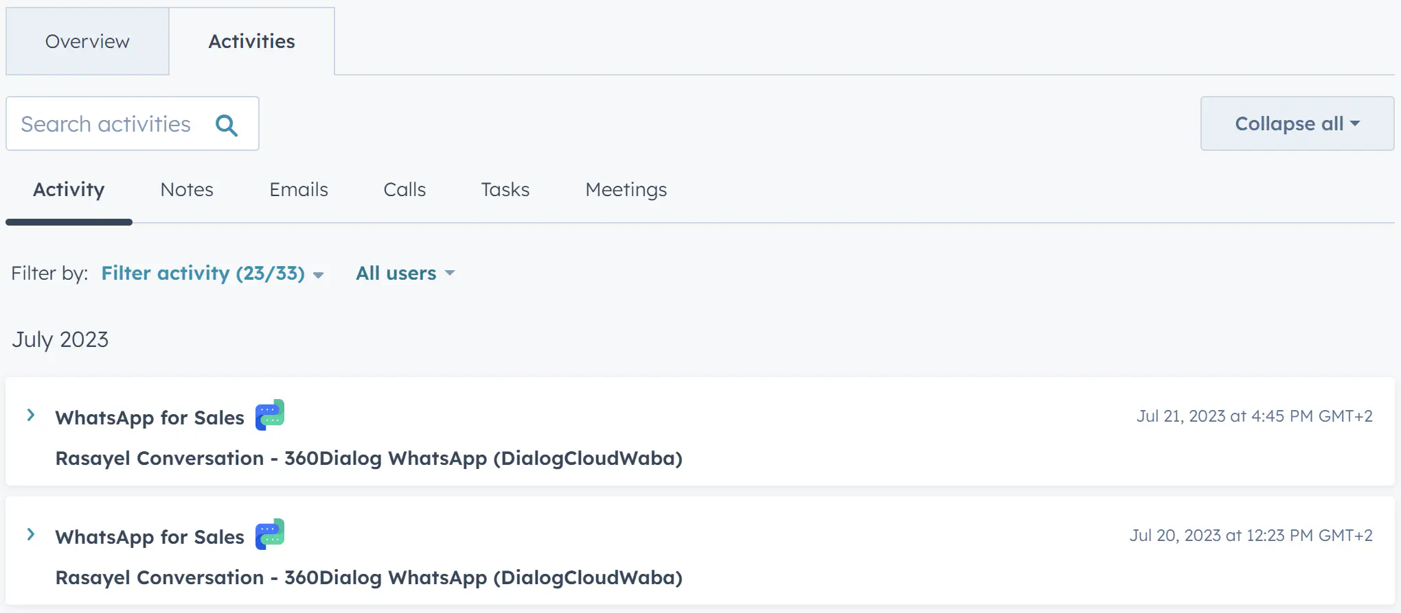 Lista de registros de atividades no HubSpot
