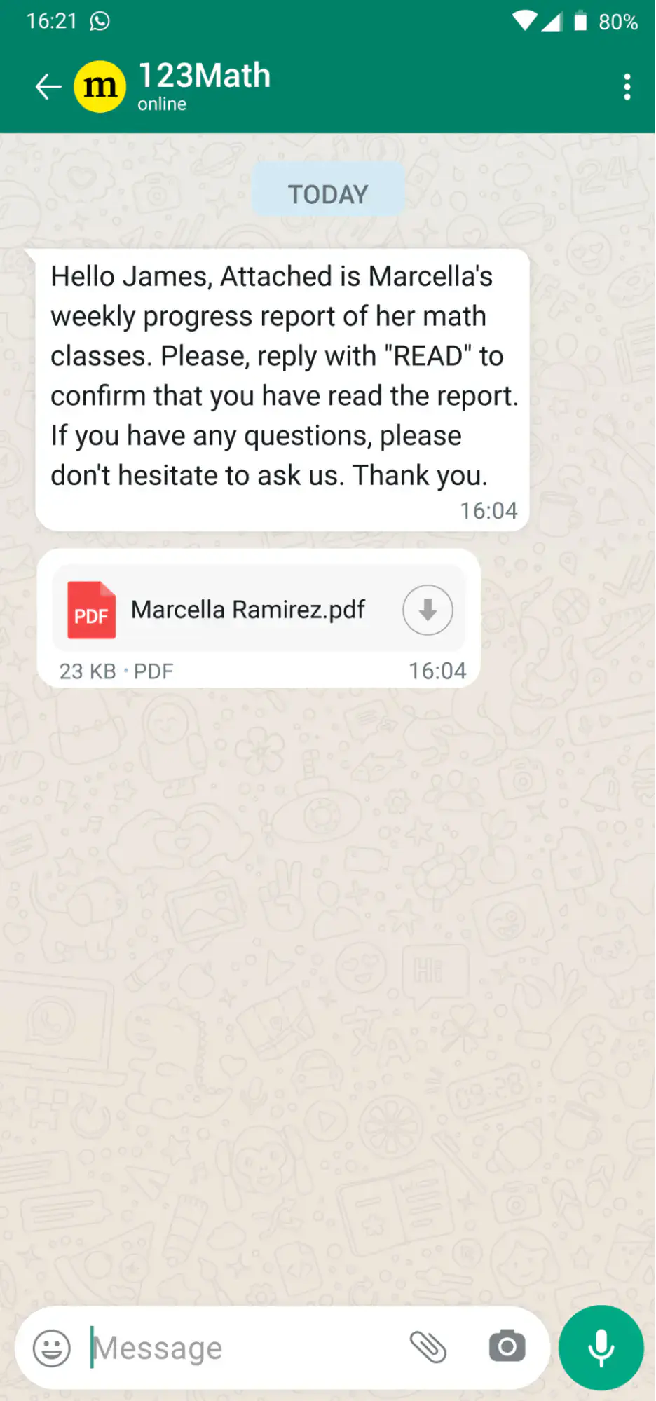 Compartilhando materiais em uma mensagem do WhatsApp.