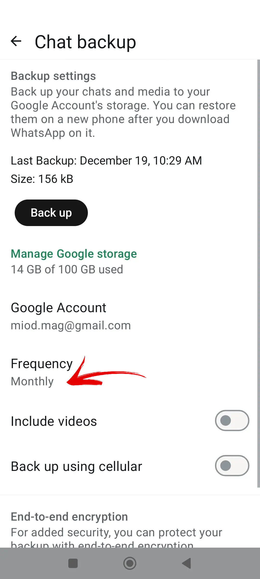 Escolhendo frequência no aplicativo WhatsApp Business.