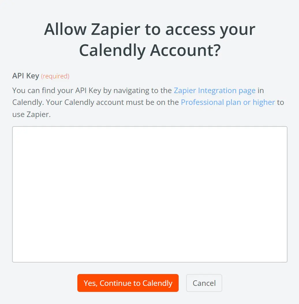Janela modal do Zapier para fornecer um token.