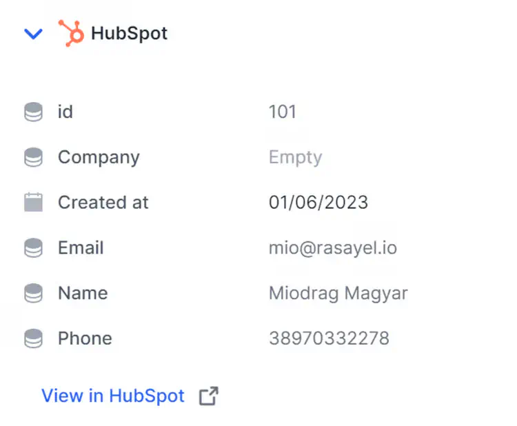 Detalhes de contato sincronizados da HubSpot na Rasayel.