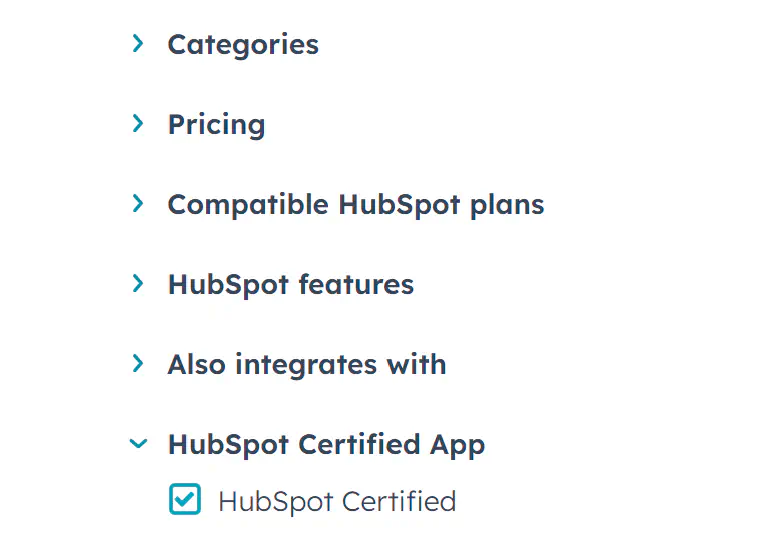 Filtrando aplicativos certificados da HubSpot.