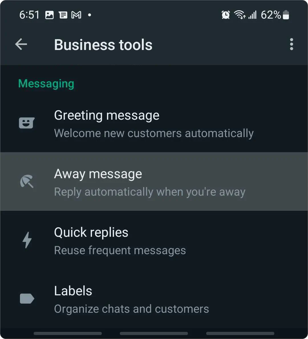 Configuração de mensagem de ausência do WhatsApp Business