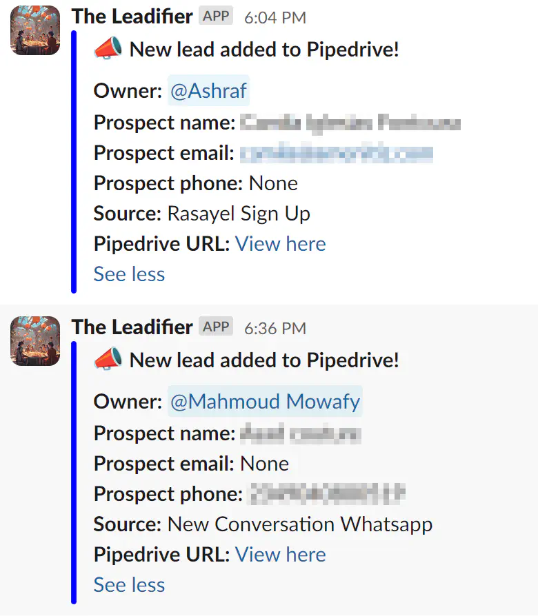 Notificação de um lead adicionado do Pipedrive.