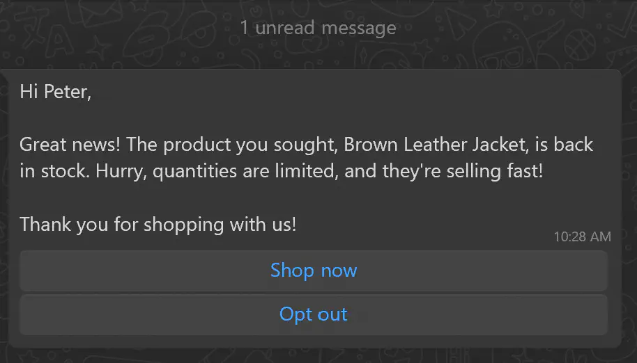 Mensagem no WhatsApp informando um cliente que um produto está de volta ao estoque.