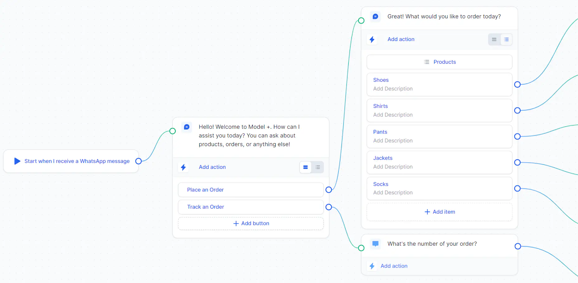 Fluxo de chatbot no construtor de chatbots do Rasayel