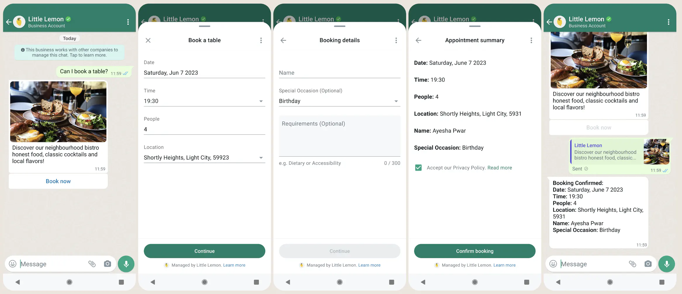 Exemplo de fluxos do WhatsApp usados por um restaurante permitindo que clientes reservem uma mesa.