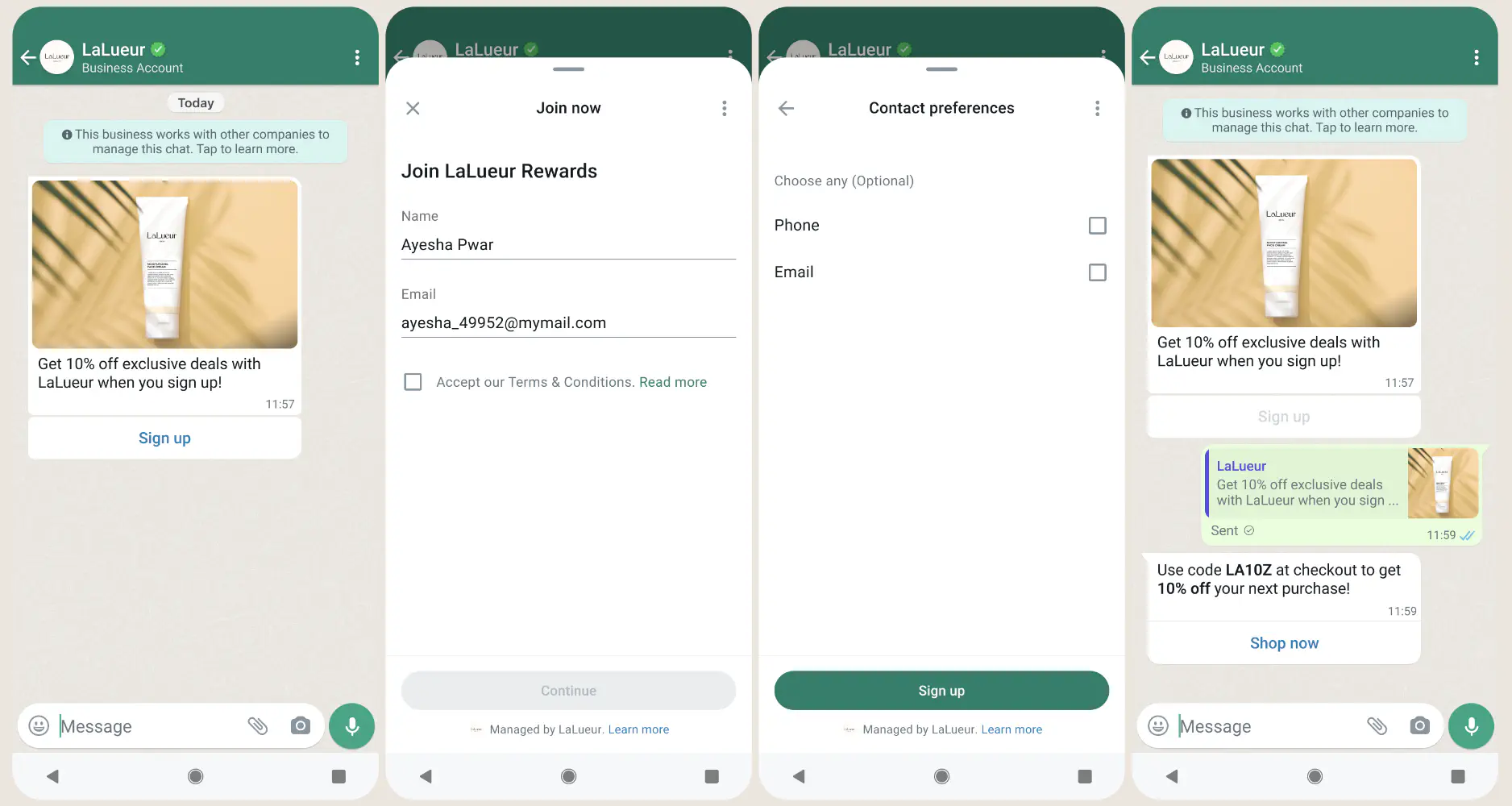 Exemplo de fluxos do WhatsApp usados por uma marca de cosméticos para interagir com clientes.