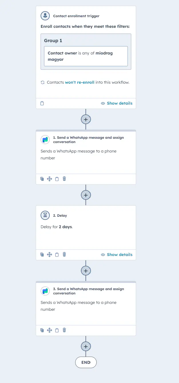 Fluxo de trabalho automatizado no HubSpot com uma sequência de mensagens do WhatsApp.