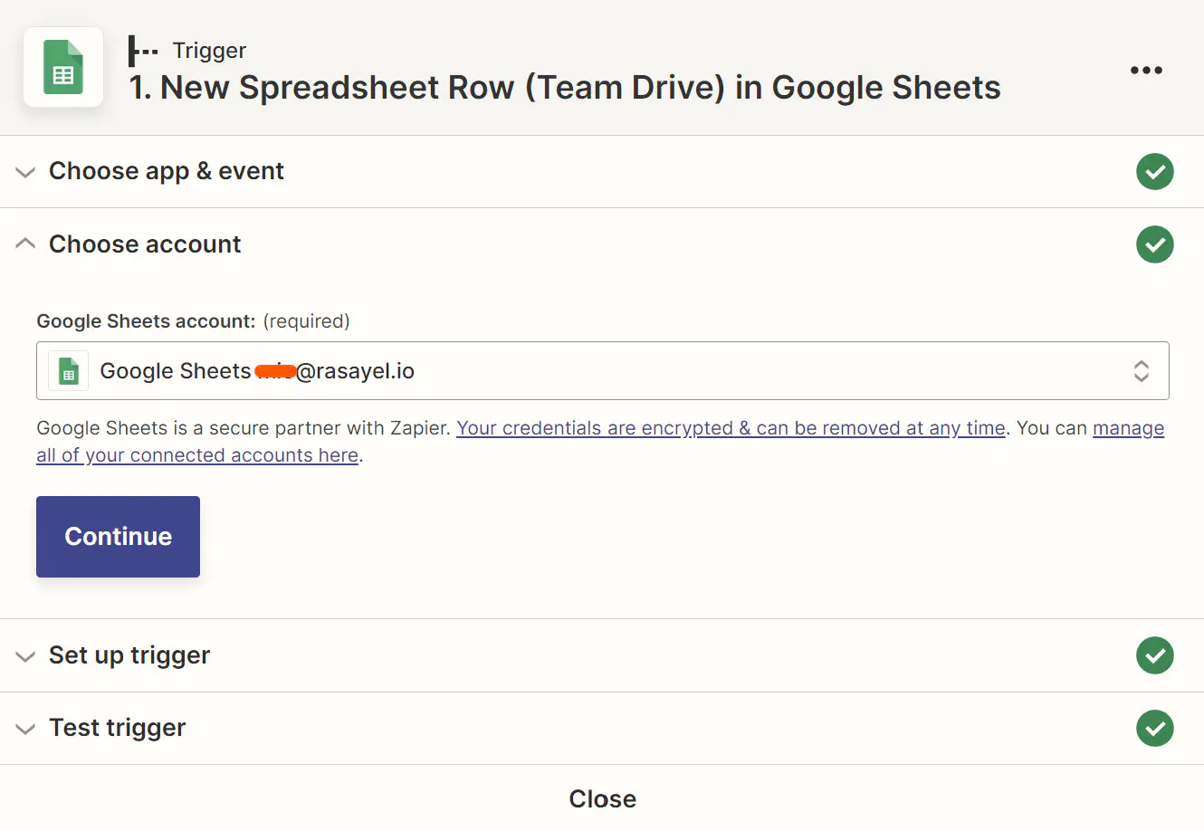 Selecionando uma conta do Google Sheets.