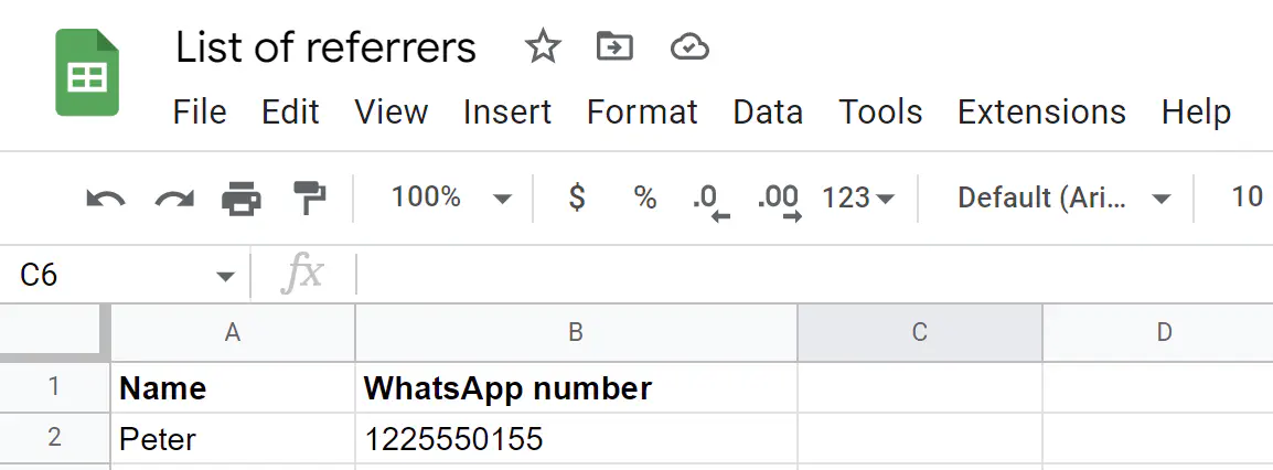Documento do Google Sheets com detalhes de contato