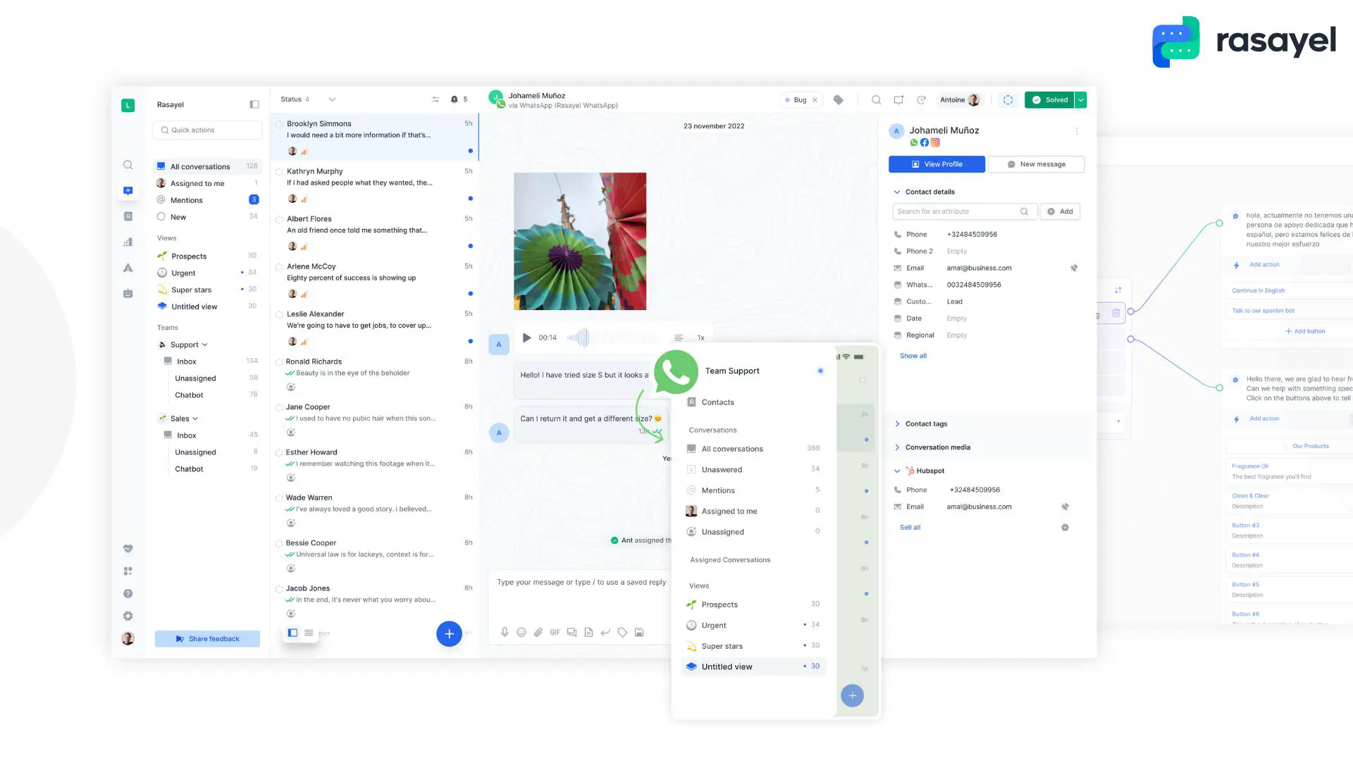 Caixa de entrada de equipe do WhatsApp Rasayel