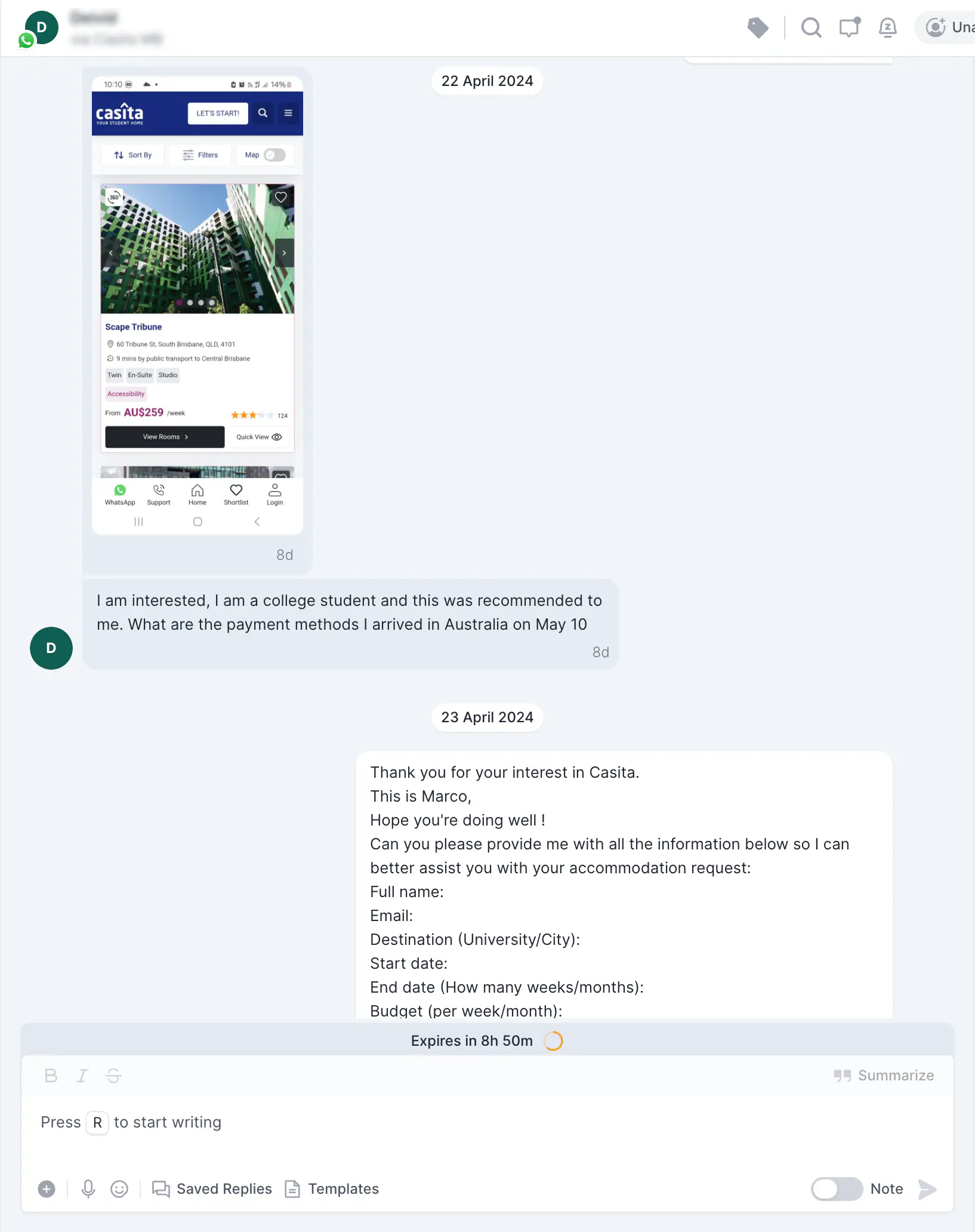 Um chatbot do WhatsApp qualificando um lead.
