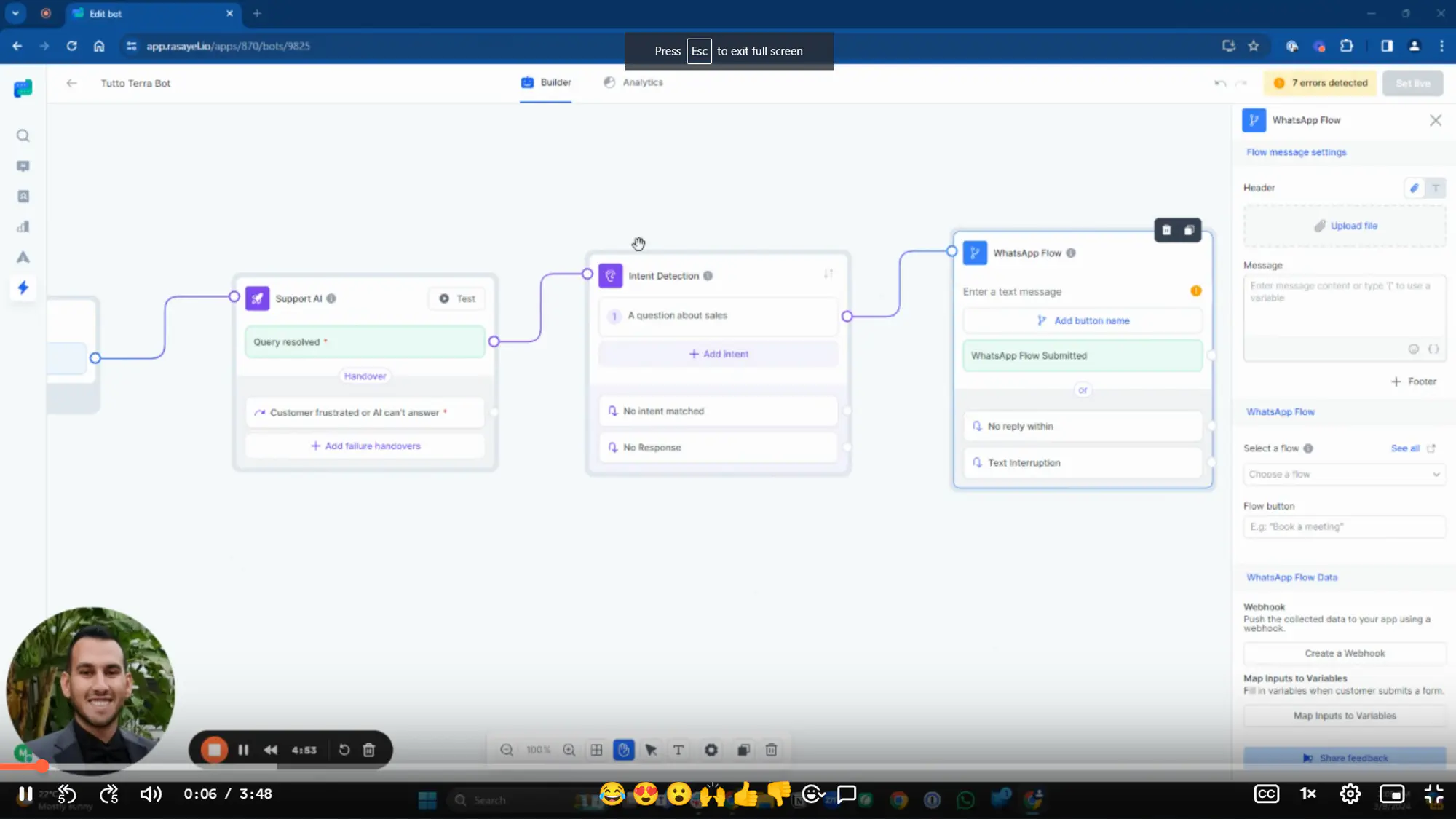 Um screenshot de um vídeo mostrando um fluxo de chatbot sob medida.