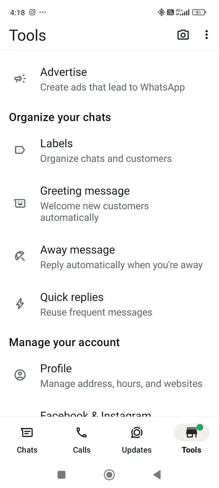 Ferramentas no aplicativo WhatsApp Business.