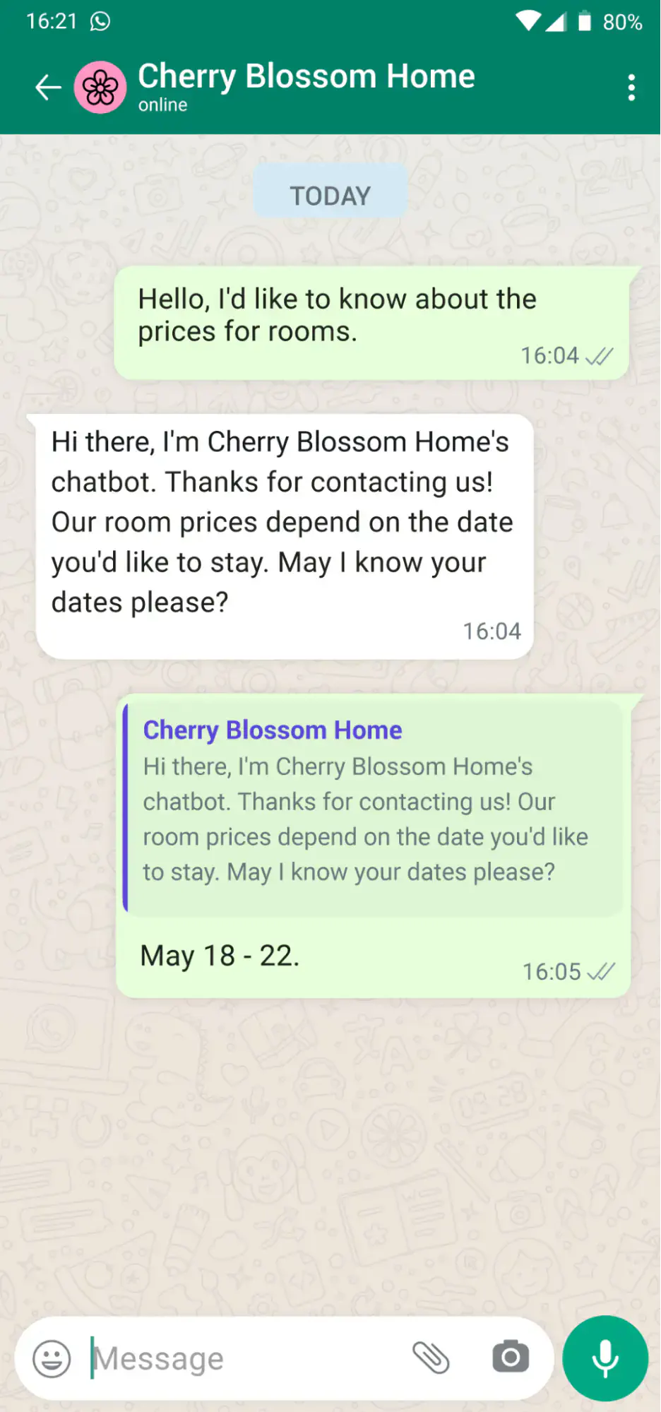 Resposta do cliente a um chatbot do WhatsApp.