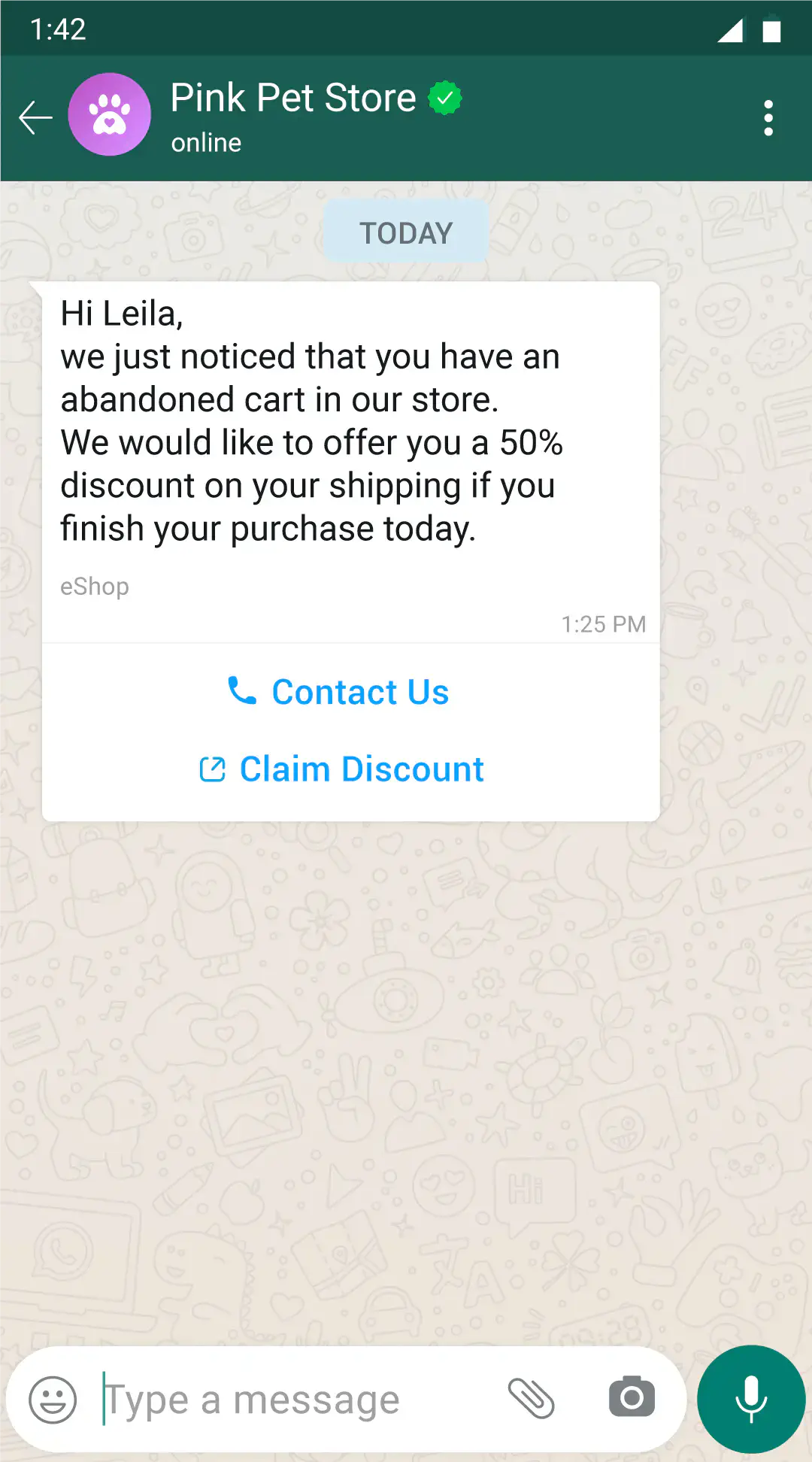 Mensagem interativa do WhatsApp usada para Recuperação de Carrinho Abandonado.