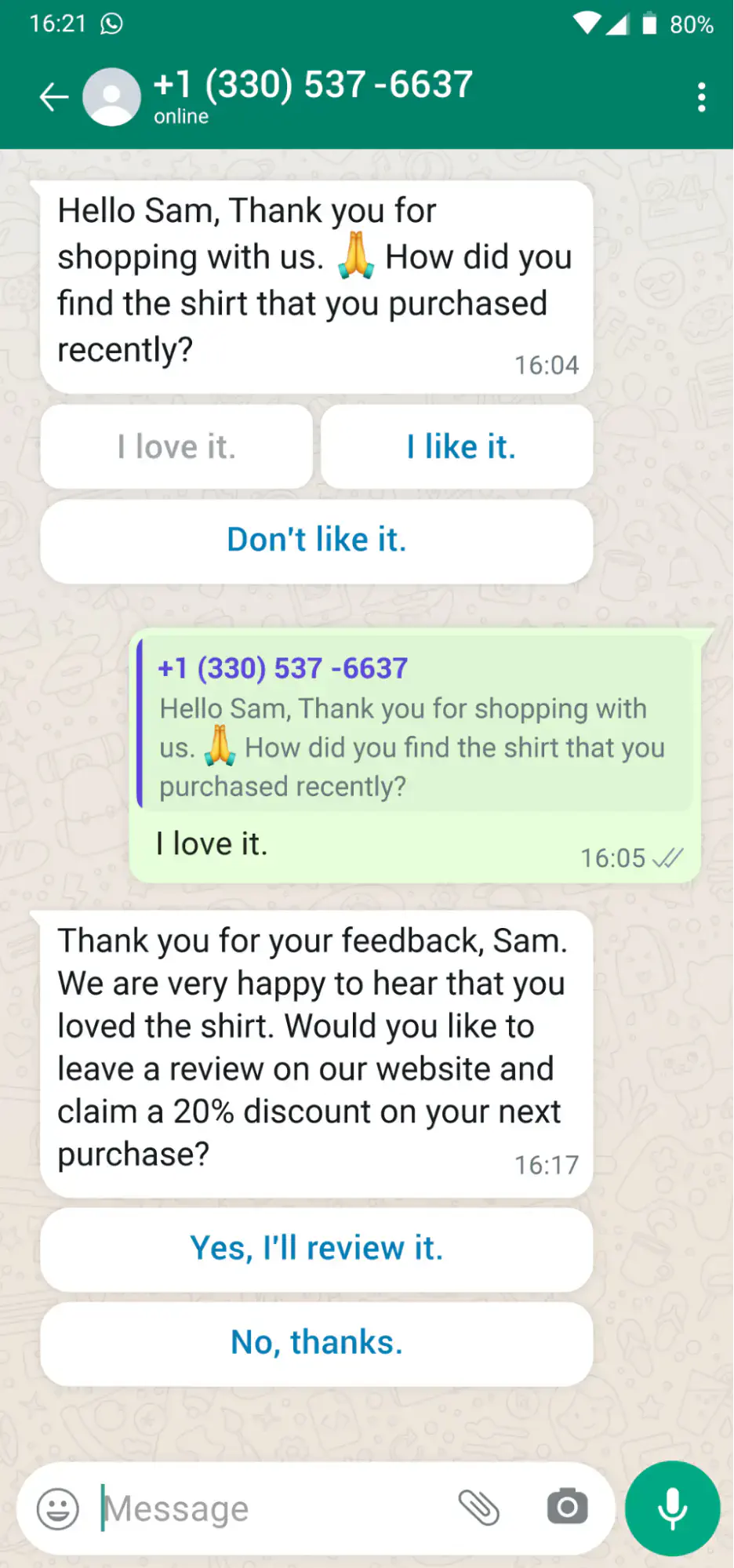Mensagem interativa do WhatsApp usada para coletar feedback e avaliações.
