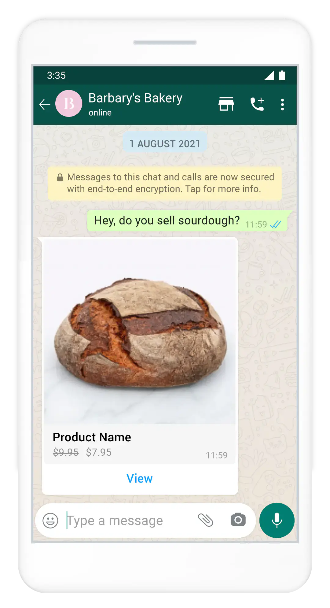 Uma mensagem de produto único no WhatsApp.