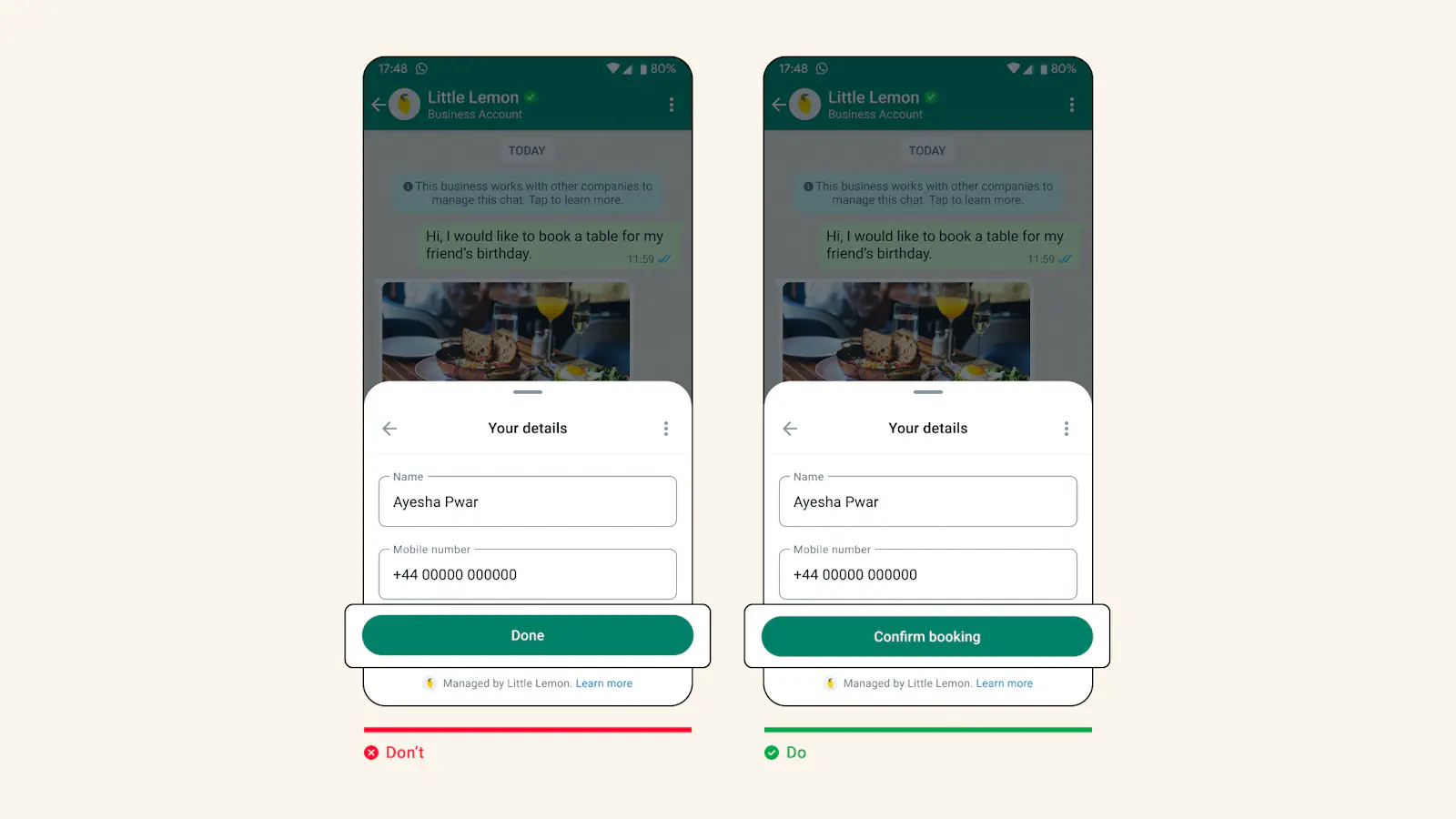 Um bom e um mau exemplo de um botão CTA em um Fluxo do WhatsApp.