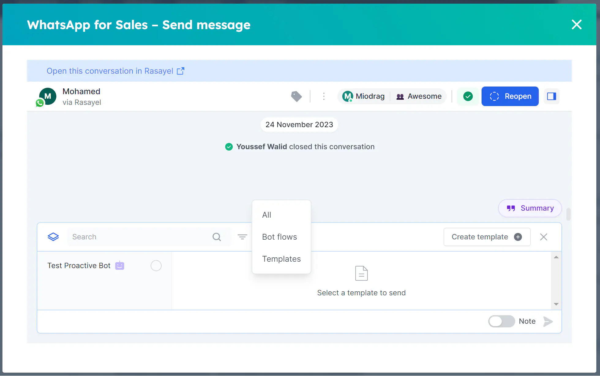 Selecionando um fluxo de bot no HubSpot.