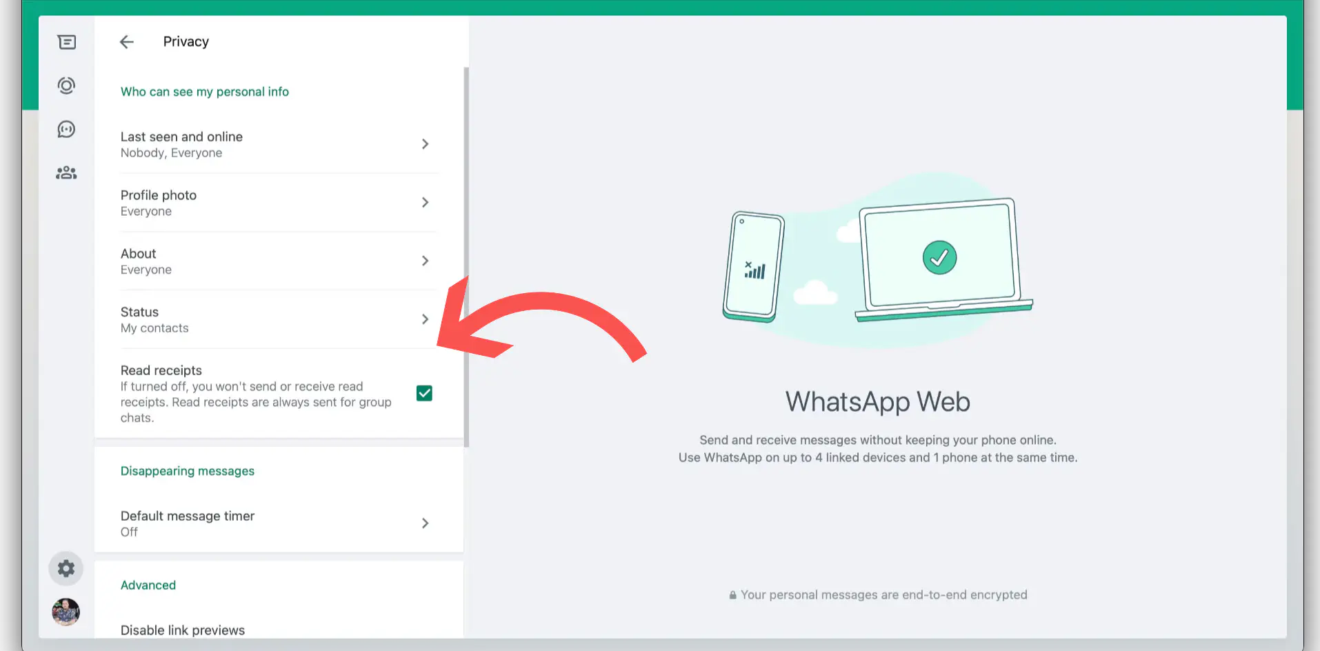 Recibos de leitura no WhatsApp Desktop.