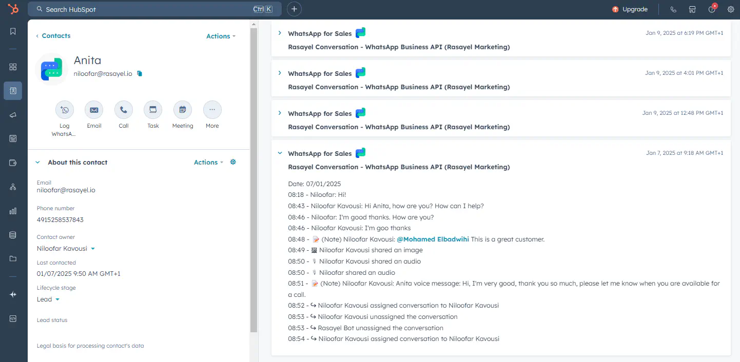 Registro de engajamento no HubSpot.
