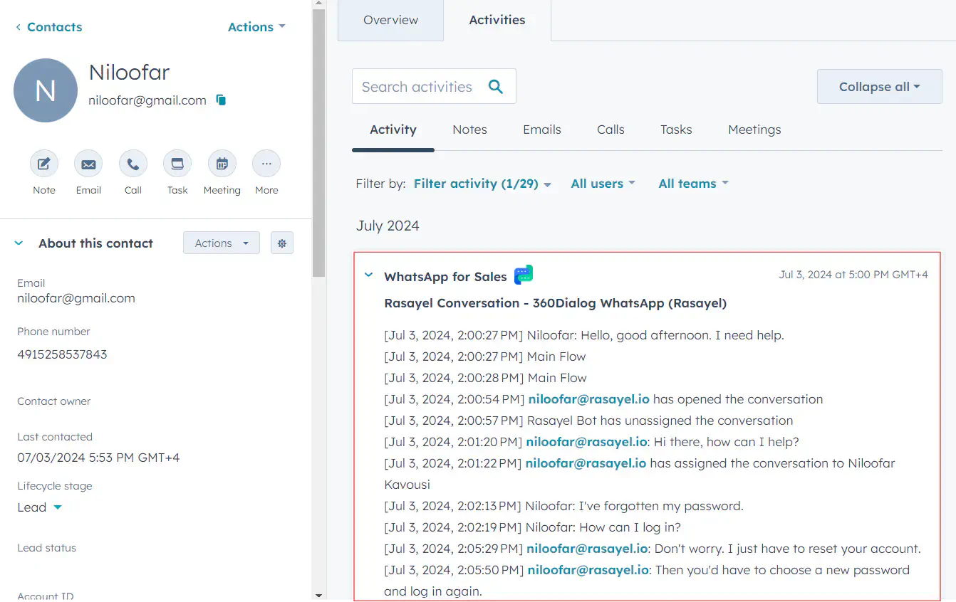 Registro de atividade na integração do WhatsApp com o HubSpot.