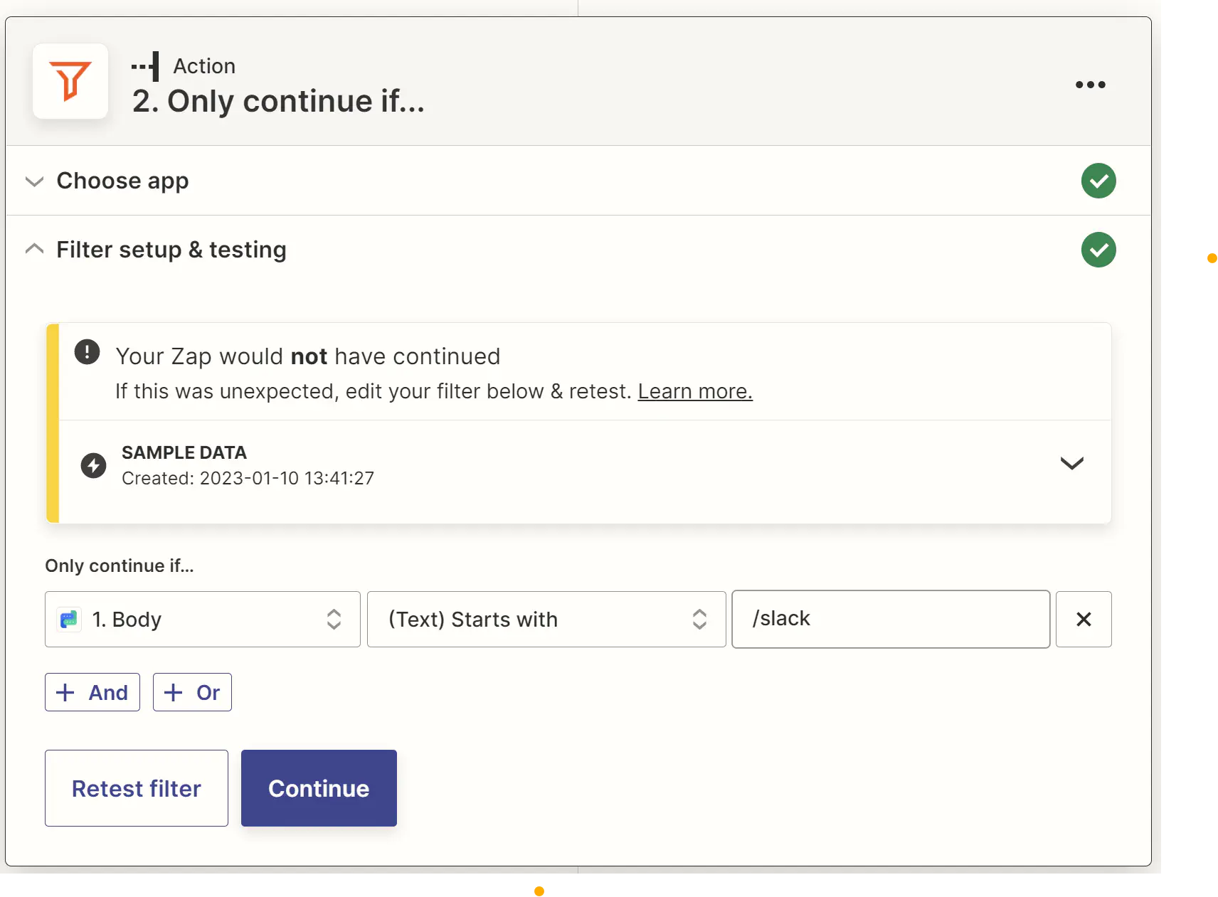 Configurando filtros no Zapier.