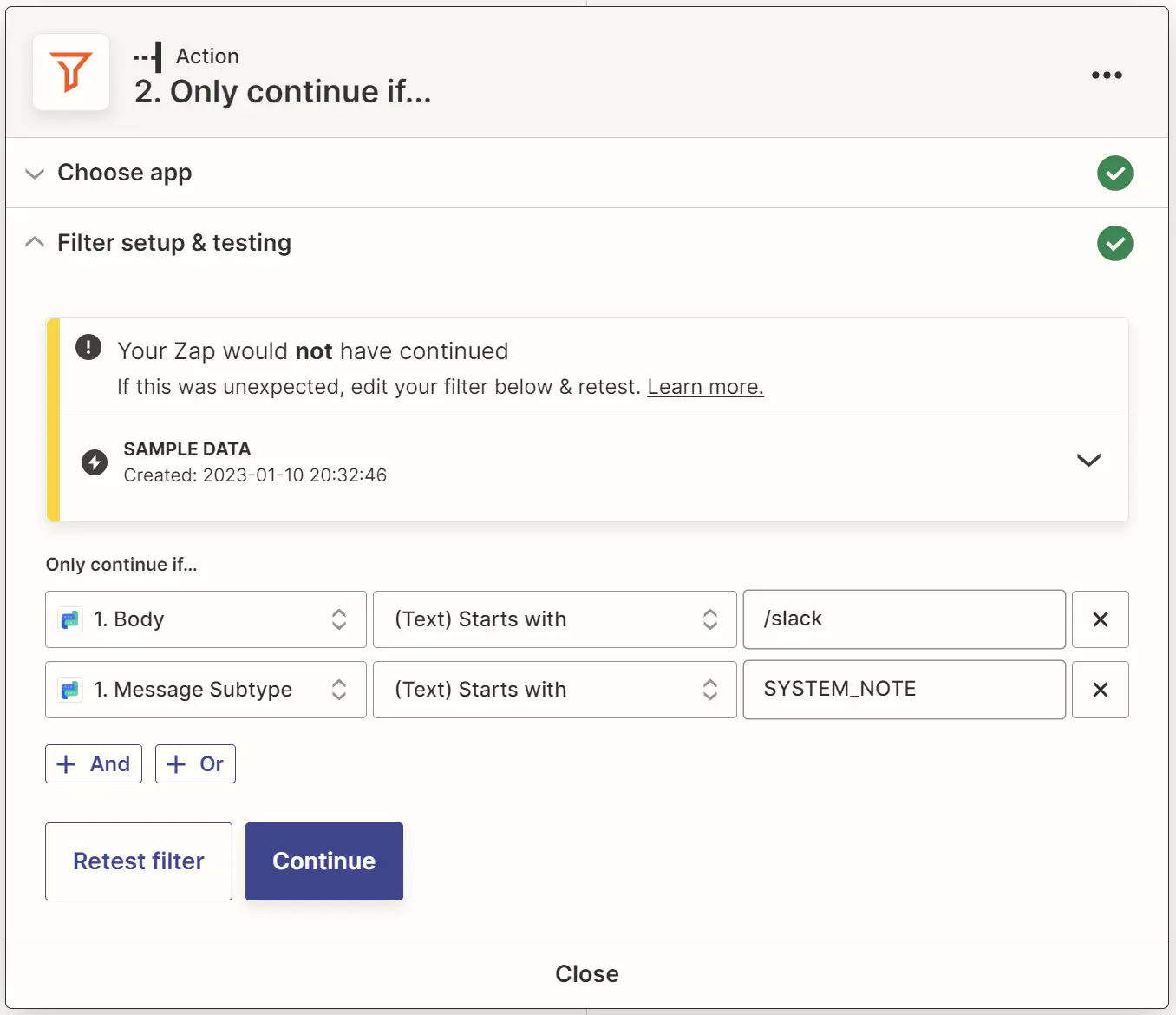 Adicionando um filtro adicional no Zapier.