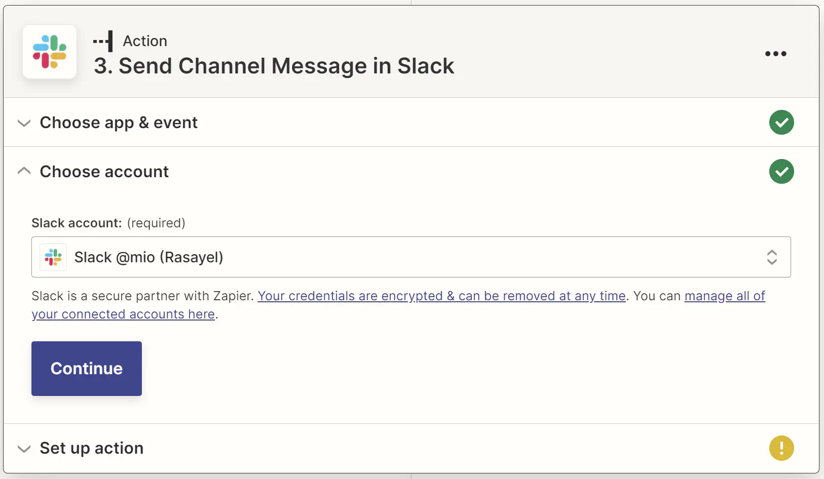 Selecionando uma Conta e um Canal do Slack