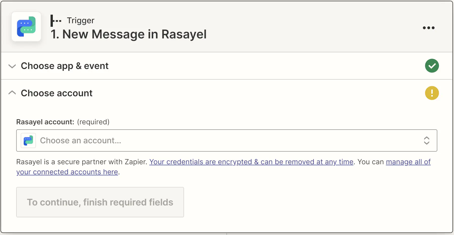Escolhendo uma conta Rasayel no Zapier.